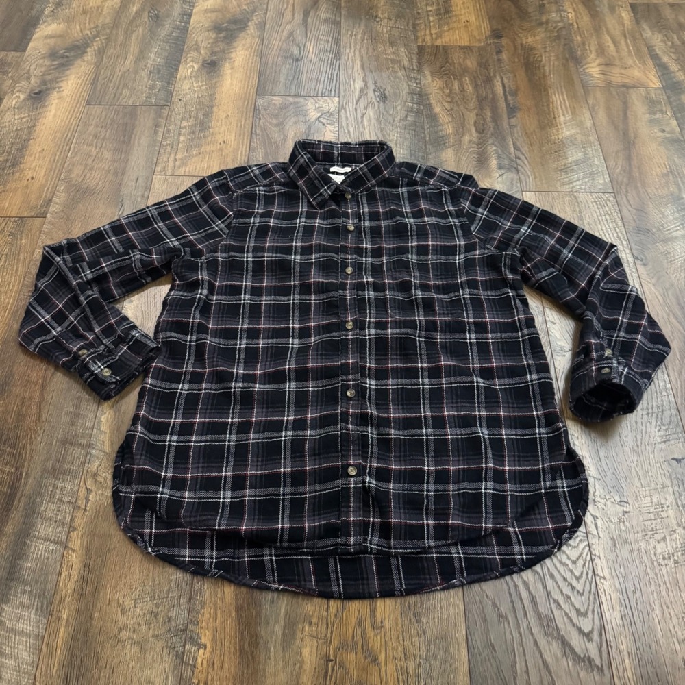 American Eagle Boyfriend Flannel Shirt XL Black Plaid Cotton Button Front Grunge